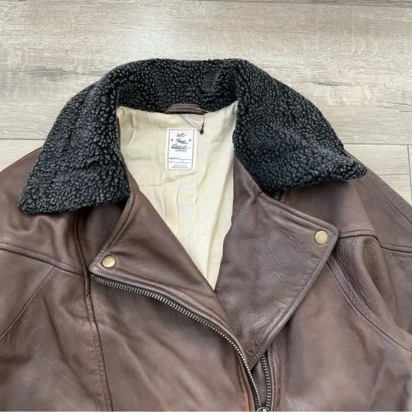 NWOT Free People Rori Slouchy Moto Genuine Leather Jacket with Sherpa Collar - Picture 5 of 9